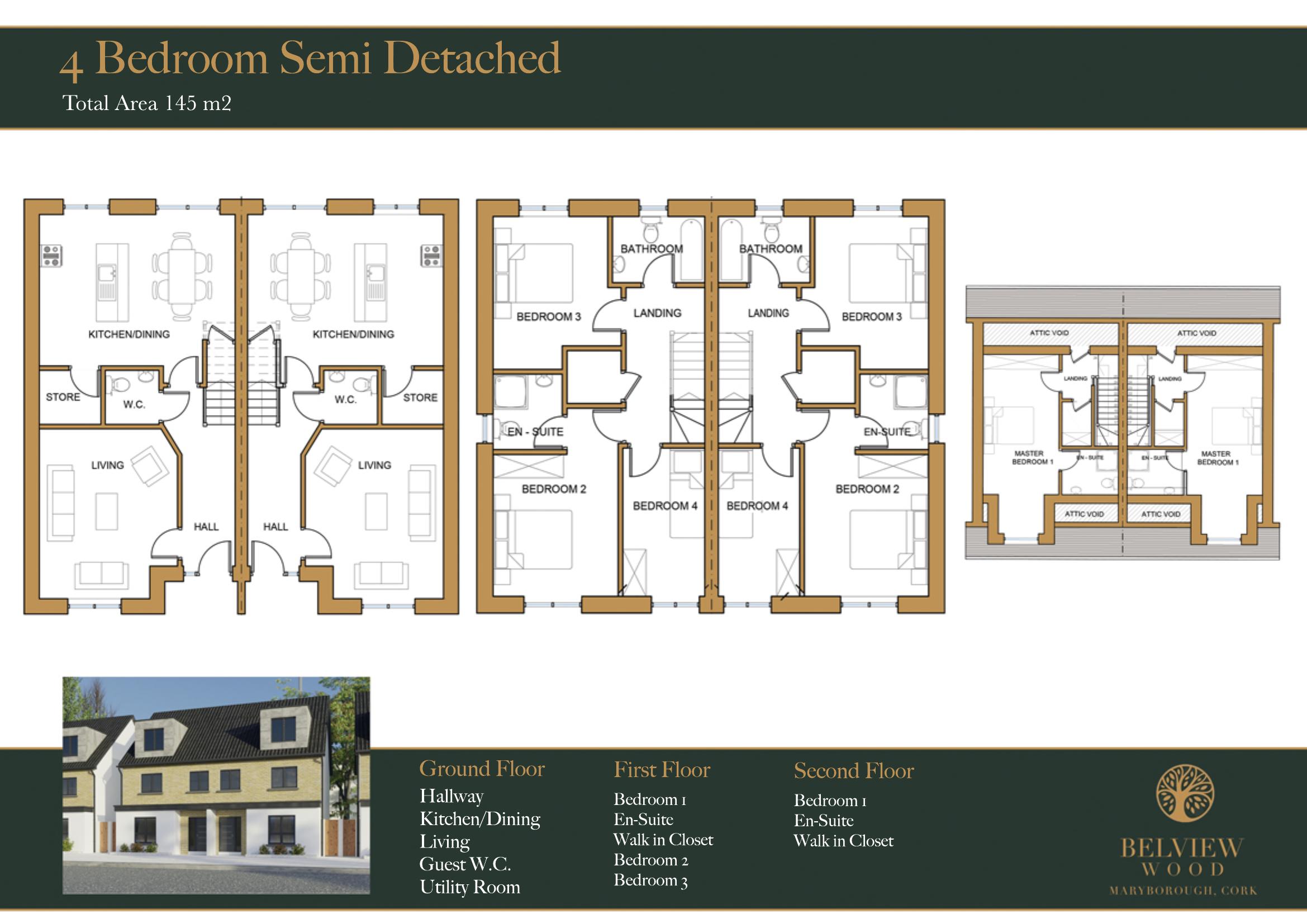 Floor plans for the 4 bedroom semi-detached homes at Belview Wood