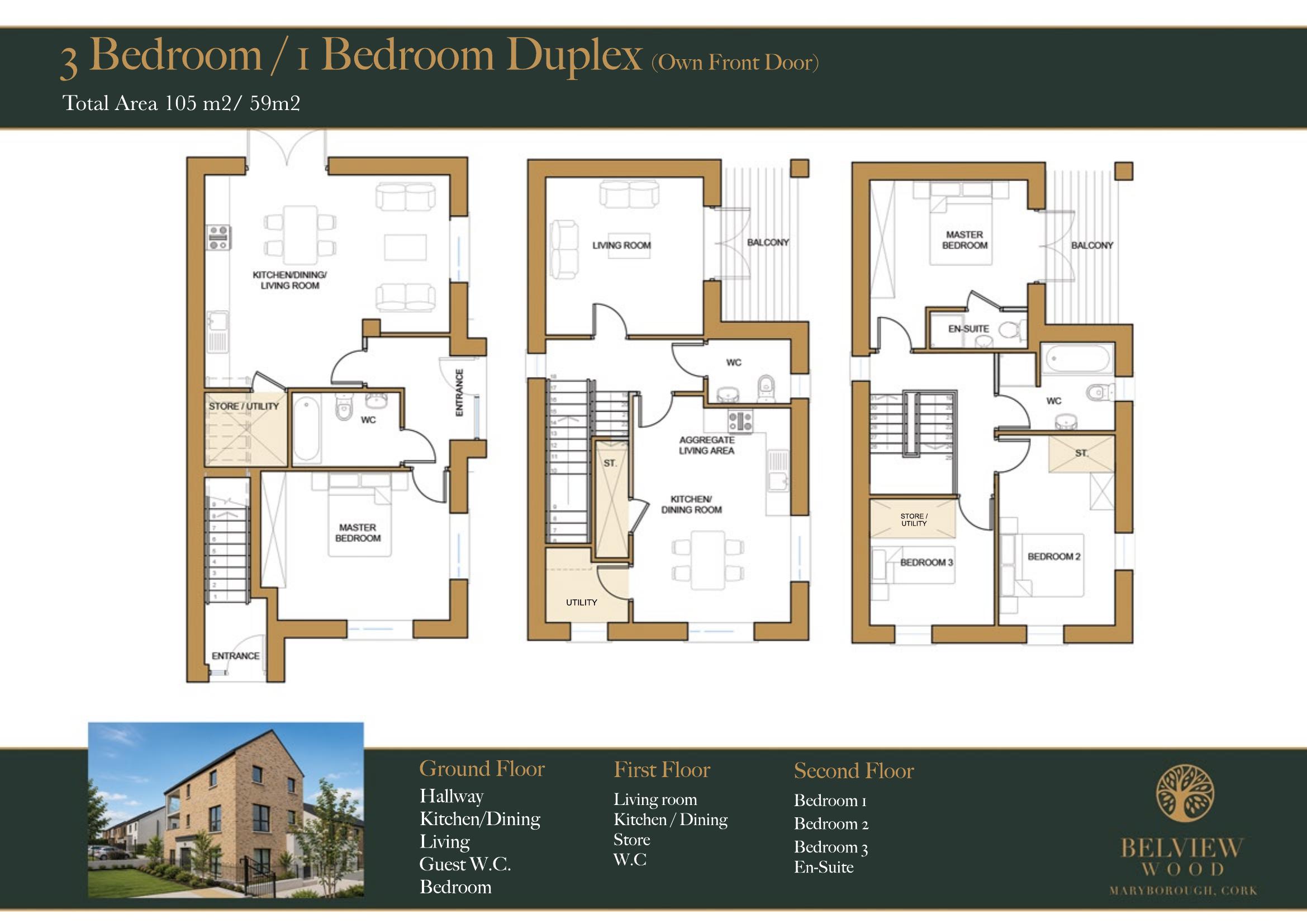 Floor plans for the 3 bedroom duplex homes at Belview Wood